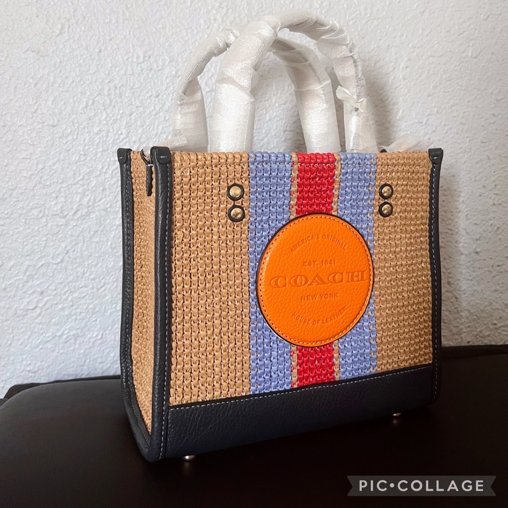 NWT COACH CA291 DEMPSEY TOTE 22 WITH COACH PATCH STRAW/LEATHER SHOULDER BAG - Picture 11 of 11